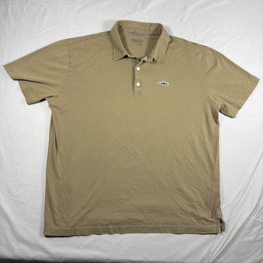 Patagonia Trout Fitz Roy Polo Shirt Mens Large Khaki Tan Organic Cotton 52206